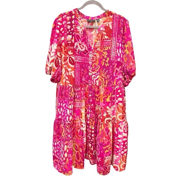 Susan Graver Dress Women's 3X Weekend Pink Watercolor Geometric Dopamine - Picture 1 of 7